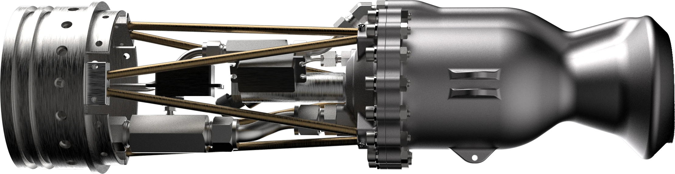 The Goblet rocket engine, lying on its side, firing